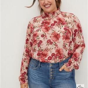 Torrid Chiffon‎ Smocked Mock Neck Blouse Floral Pink Plus 3X